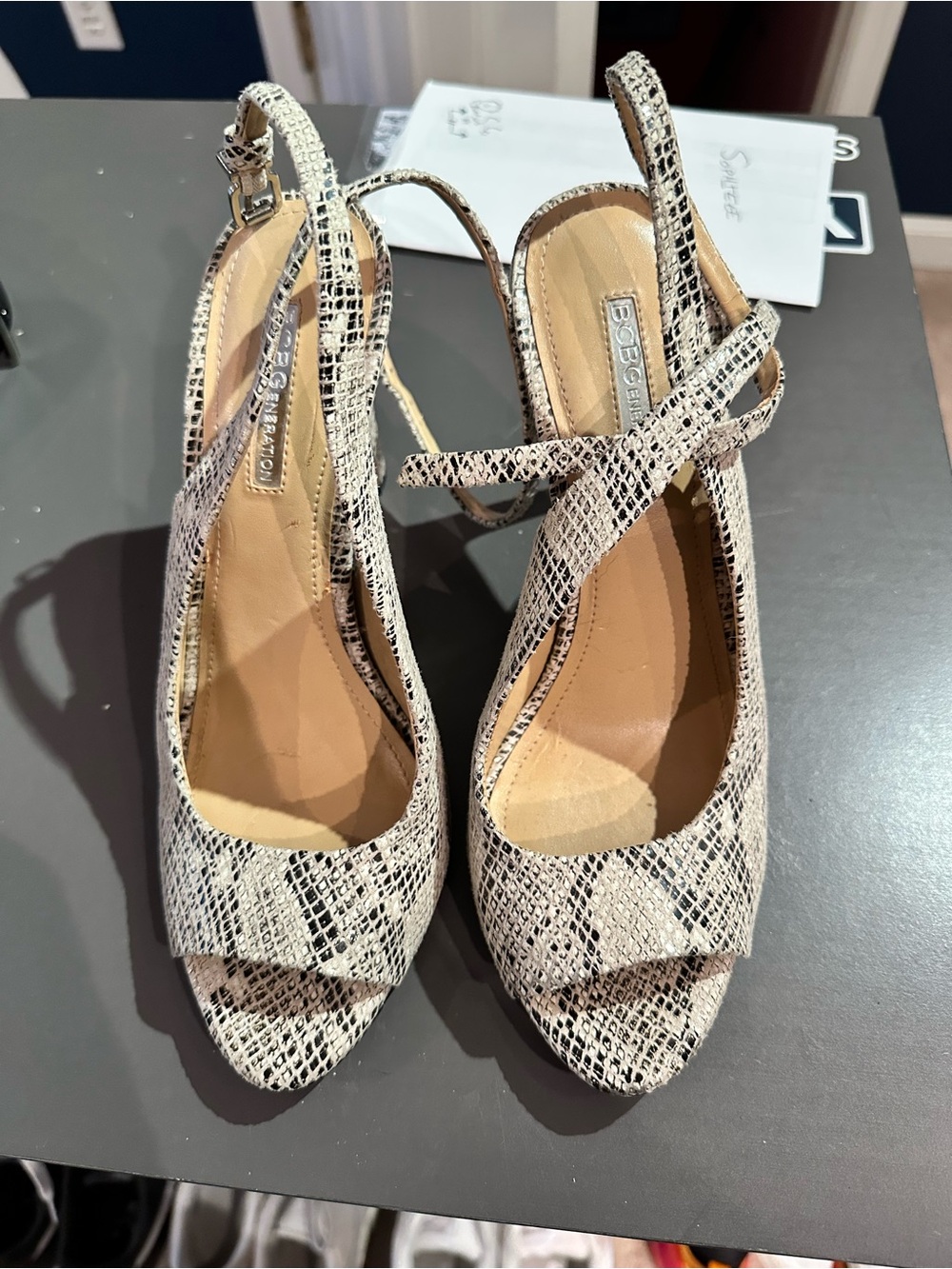 BCBGeneration Beige and Black Snake-Print Slingback Heels